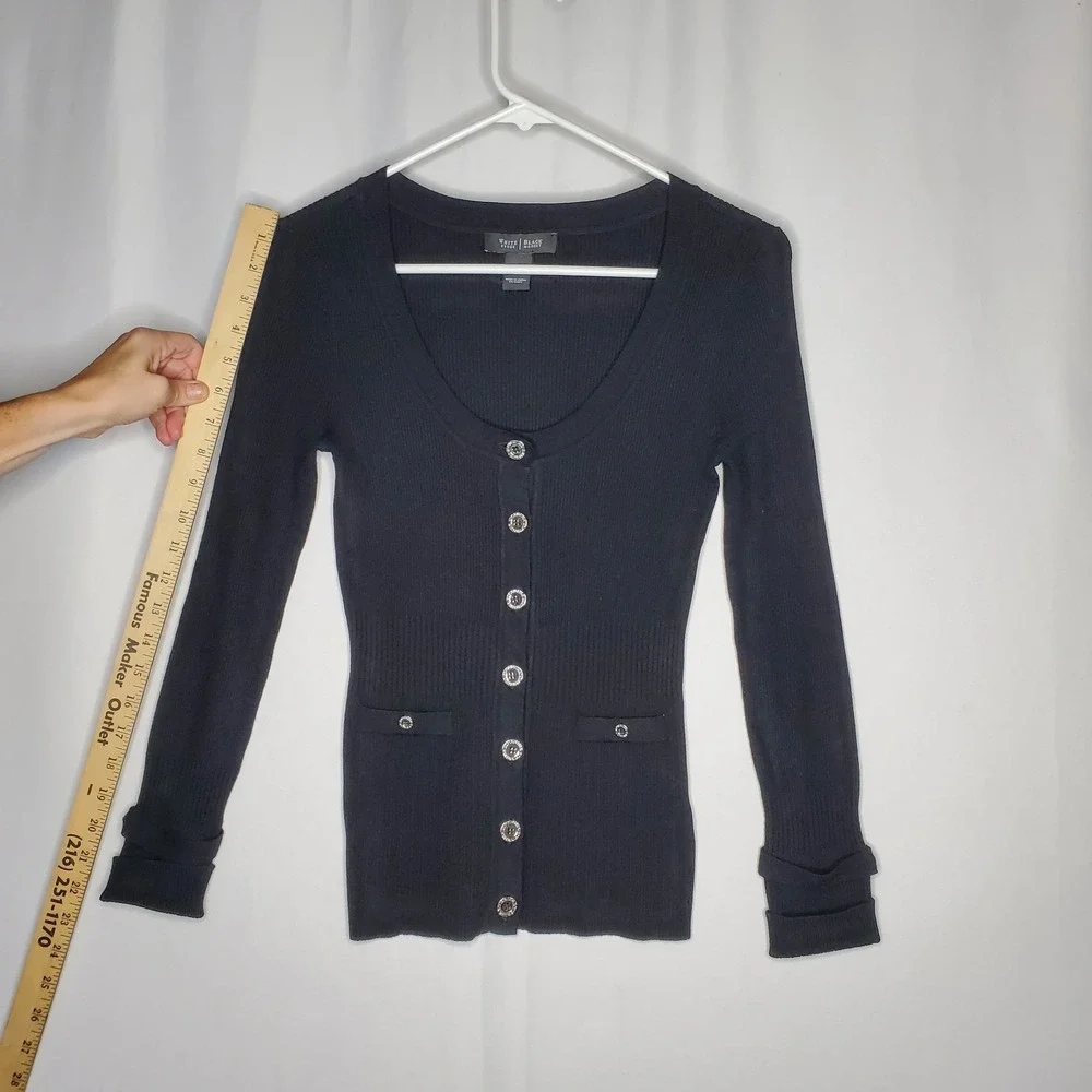 White House Black Market Cardigan Women Small Black‎ Rib Knit Button Y2K Preppy